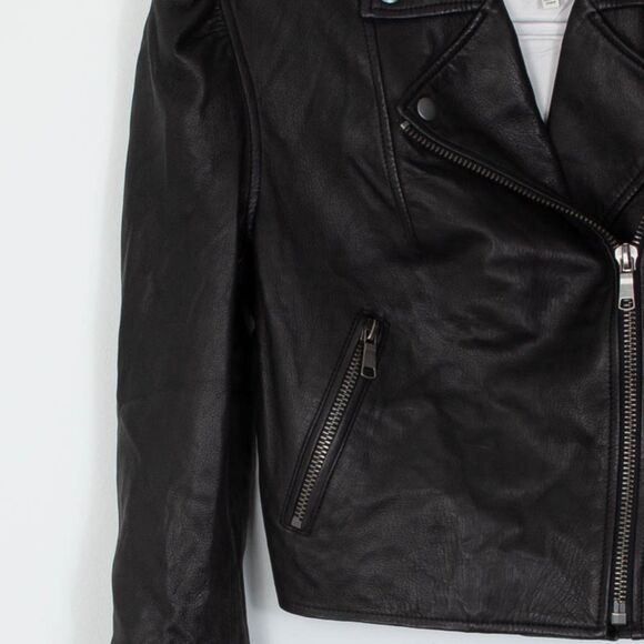 Joie Necia Lamb Leather Cropped Puff Sleeve Moto Biker Jacket Womens Size XXS - Picture 3 of 8